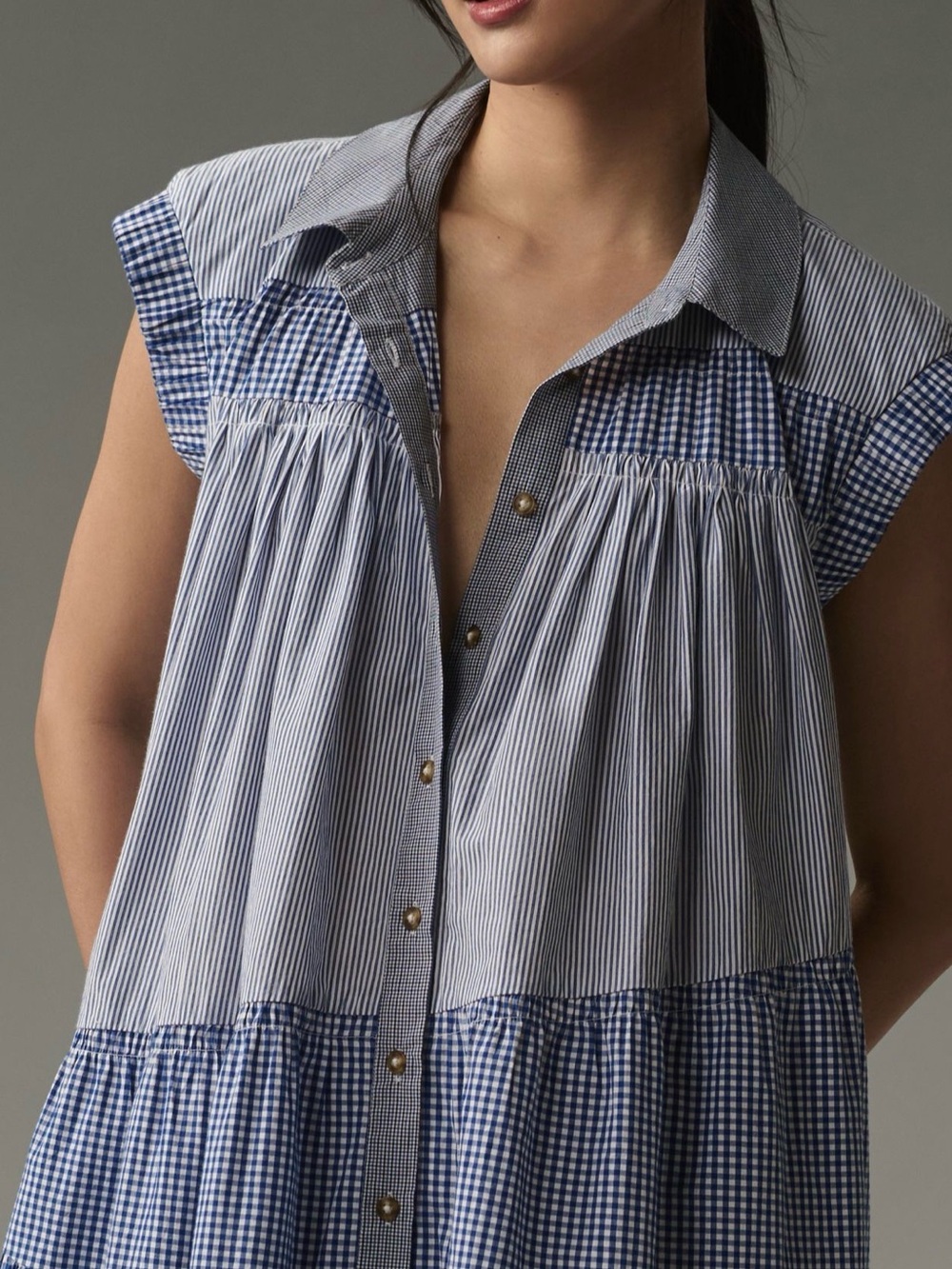 Anthropologie Blue and White Gingham Tiered Mini Dress - Picture 4 of 9